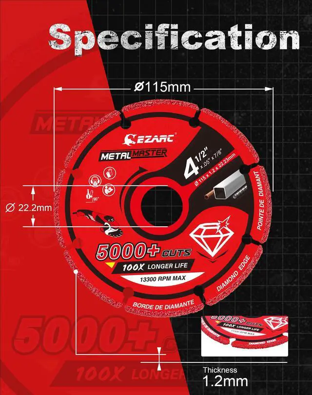 Alt view image 5 of 7 - Diamond Cutting Wheel 4 1/2 x 7/8 Inch for Metal, Cut Off Wheel with 5000+ Cuts on Rebar, Steel, Iron and INOX