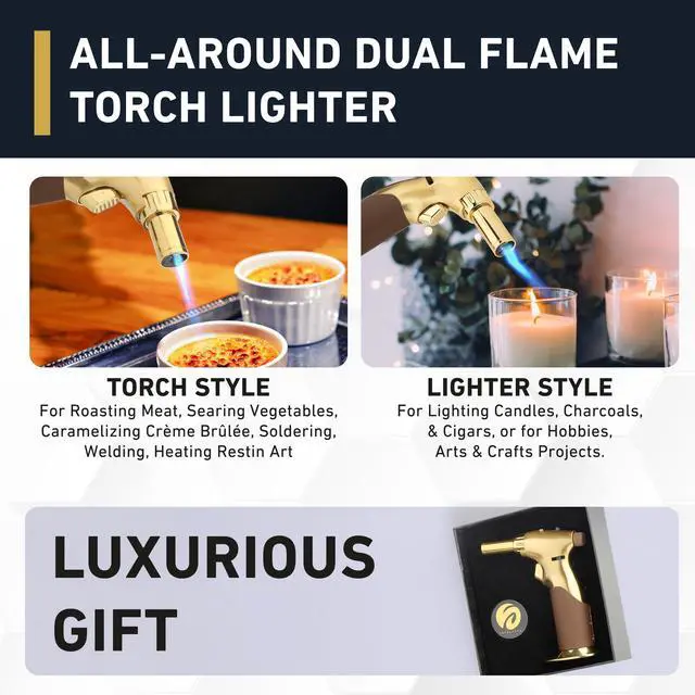 Alt view image 3 of 7 - Dual Flame Butane Torch Gun - Refillable Luxury Hand Held Mini Blow Torch for Cooking, Creme Brulee, Soldering, Welding, & Resin Art - Adjustable Flame with Ignition Lock - Gold Brown by ®