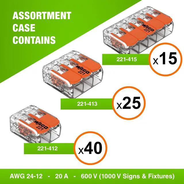 Alt view image 2 of 7 - WAGO 221 Series 80pc Compact Splicing Wire Connectors | Includes (40x 221-412) (25x 221-413) (15x 221-415) | WAGO Wire Connectors | Electrical Splicing Lever Nuts | 221 Series Lever Nuts | 2-3-5 Ports