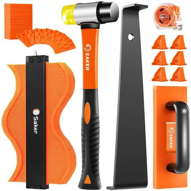 Main image of Laminate Flooring Tools, 65-Piece Wood Flooring Installation Kit | 60 Flooring Spacers,Tapping Block with Handle, Pull Bar, 10Contour Gauge, Rubber Mallet, Tape Measure