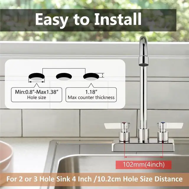 Alt view image 3 of 7 - Bar Sink Faucet,4-Inch Centerset,8.3-Inch-High Spout,Polished Chrome | For Commercial Utility and Laundry Sinks,Deck Mount,Dual Handles,Fits 2-Hole RV,Outdoor,Slop,Kitchen and Bath Sinks