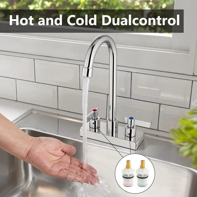 Alt view image 5 of 7 - Bar Sink Faucet,4-Inch Centerset,8.3-Inch-High Spout,Polished Chrome | For Commercial Utility and Laundry Sinks,Deck Mount,Dual Handles,Fits 2-Hole RV,Outdoor,Slop,Kitchen and Bath Sinks