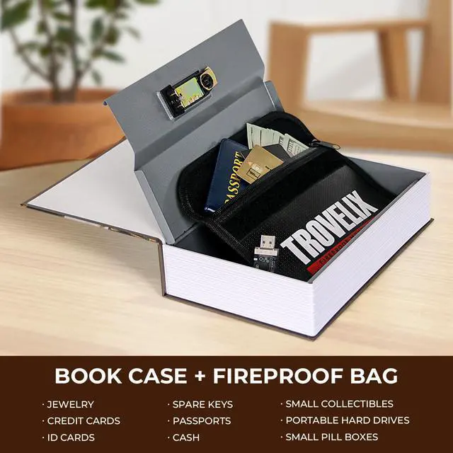 Alt view image 3 of 6 - Book Safe with Combination Lock, Hidden Safe (9.5 x 6.2 x 2.2 Inch) with Fireproof Bag, Secret Diversion Safe, Hollow Book Box Hidden Storage, Money Safe Box for Cash (COFFEE)