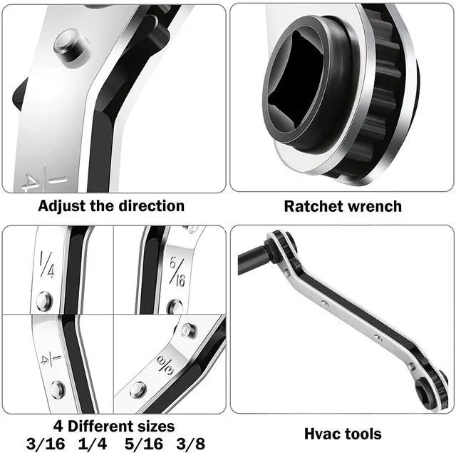 Alt view image 2 of 7 - HVAC Service Wrench,3/16"-3/8" 5/16" x 1/4"Valve Wrench with Hex Adapter | HVAC Tools, Dual Head Ratchet Design, 4 Size Valve Wrench, Hex Bit Adapter Kit, AC Refrigeration Repair