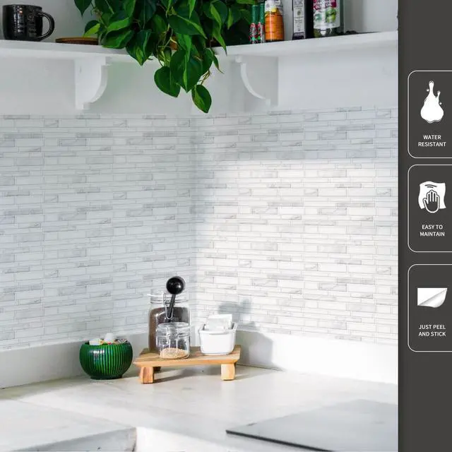 Alt view image 5 of 7 - Stone Peel and Stick Backsplash, 10-Sheet, 12" x 12", White Marble | Lightweight, Self Adhesive, Moisture Resistant, Easy to DIY, Modern Style, for Kitchen, Bedroom, Ideal for New Home Buyers