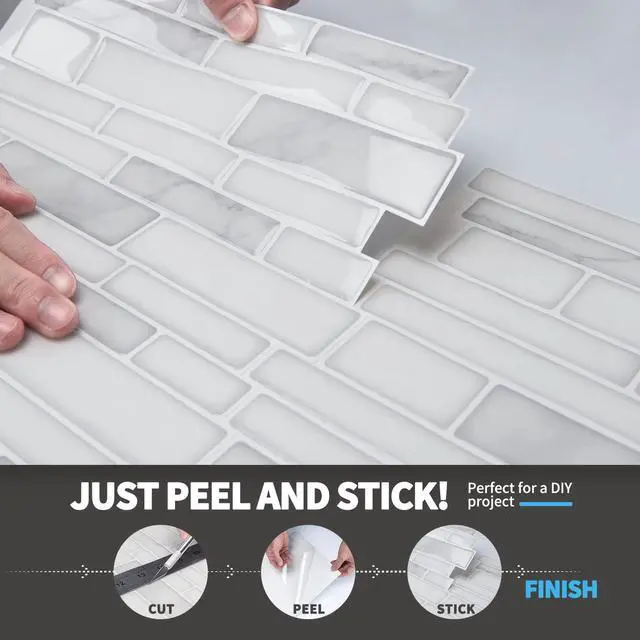 Alt view image 7 of 7 - Stone Peel and Stick Backsplash, 10-Sheet, 12" x 12", White Marble | Lightweight, Self Adhesive, Moisture Resistant, Easy to DIY, Modern Style, for Kitchen, Bedroom, Ideal for New Home Buyers