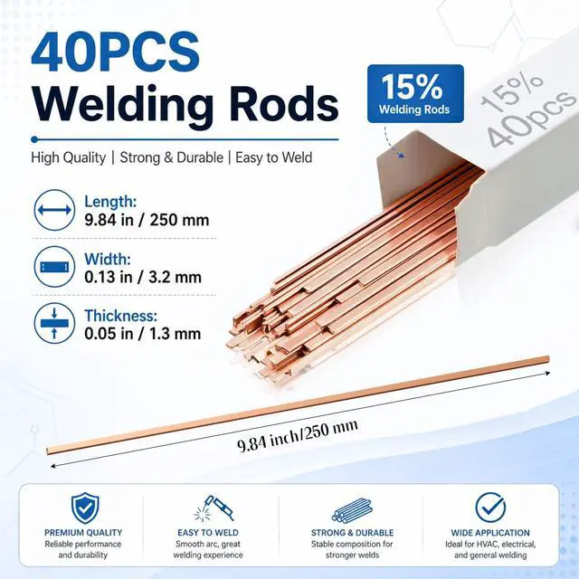 Alt view image 3 of 6 - 15% Silver Brazing Rods AWS BCuP-5 40 Sticks, Silver Solder Flat Welding Rods 0.050"x1/8"x10" for Air Conditioning, Refrigerator, Cold Storage & HVAC Units, Phos Copper Brazing Alloys