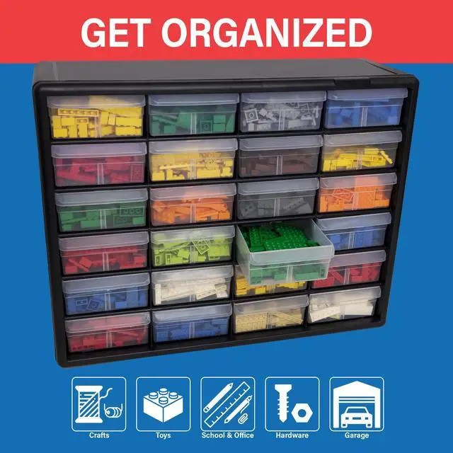 Alt view image 4 of 6 - 24-Drawer Plastic Storage Cabinet, 20" W x 6" D x 16" H, Black | Plastic Cabinet w/ Drawers for Garage Organization, Beads, Building Bricks Storage, Teacher Toolbox, Makeup Organizer, 10124