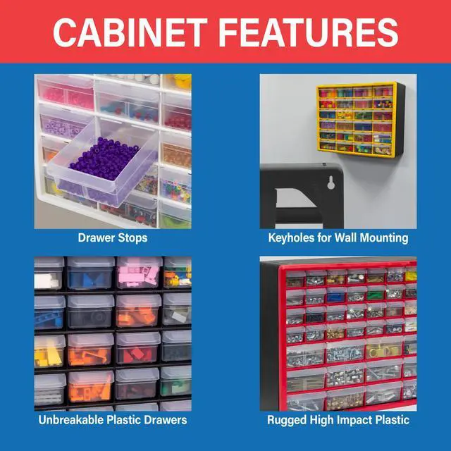 Alt view image 6 of 6 - 24-Drawer Plastic Storage Cabinet, 20" W x 6" D x 16" H, Black | Plastic Cabinet w/ Drawers for Garage Organization, Beads, Building Bricks Storage, Teacher Toolbox, Makeup Organizer, 10124