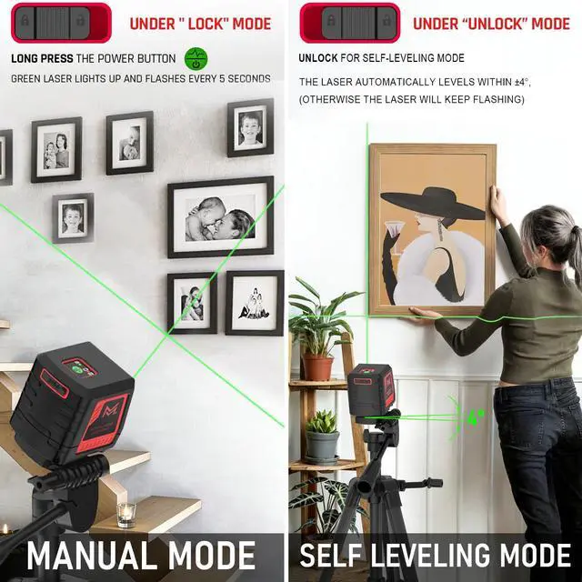 Alt view image 3 of 6 - Self Leveling Laser Level 100ft, Green Cross Line with Tripod, 4 Brightness Modes & Pulse Function, Manual & Self-Leveling Modes, IP54 Waterproof for Picture Hanging, Tile, DIY Construction