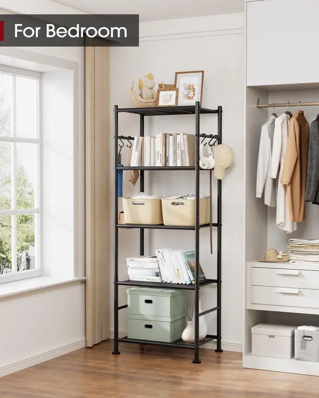 Alt view image 2 of 6 - Storage Shelves - 5-Tier Large Capacity Shelf Organizer with Hooks, Heavy-Duty Garage Shelving with Leveling Feet, Wobble-Free Rack for Bedroom, Balcony, Garage, 18.1"×12.4"×56.8", Black
