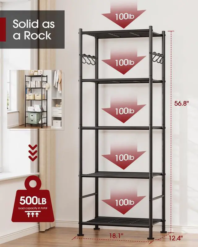 Alt view image 3 of 6 - Storage Shelves - 5-Tier Large Capacity Shelf Organizer with Hooks, Heavy-Duty Garage Shelving with Leveling Feet, Wobble-Free Rack for Bedroom, Balcony, Garage, 18.1"×12.4"×56.8", Black
