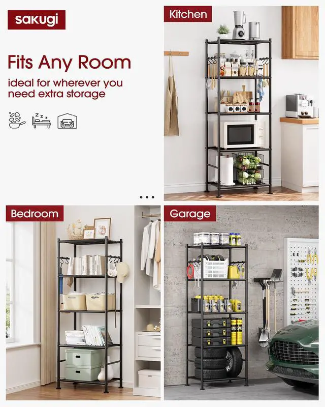 Alt view image 4 of 6 - Storage Shelves - 5-Tier Large Capacity Shelf Organizer with Hooks, Heavy-Duty Garage Shelving with Leveling Feet, Wobble-Free Rack for Bedroom, Balcony, Garage, 18.1"×12.4"×56.8", Black