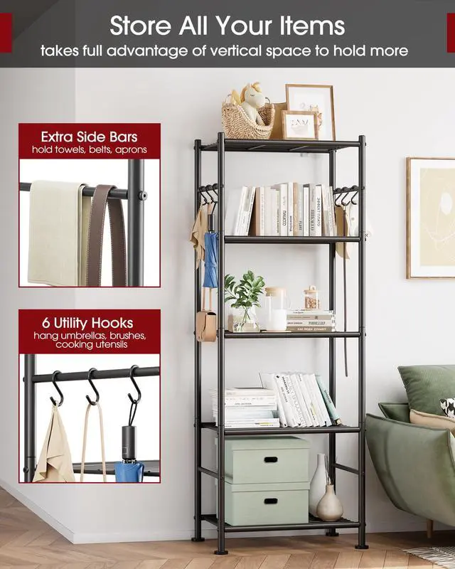 Alt view image 5 of 6 - Storage Shelves - 5-Tier Large Capacity Shelf Organizer with Hooks, Heavy-Duty Garage Shelving with Leveling Feet, Wobble-Free Rack for Bedroom, Balcony, Garage, 18.1"×12.4"×56.8", Black