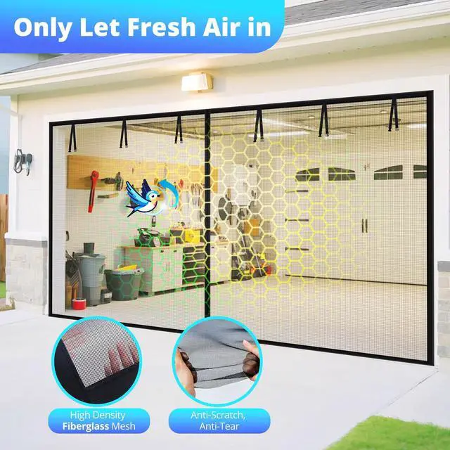 Alt view image 3 of 6 - Garage Door Screen 16x7FT, Magnetic Screen Door with Retractable Fiberglass Mesh and Heavy Duty Weighted Bottom, Easy Assembly&Pass, Hands Free w/ 40 Magnets for 2 Car Garage/Patio/Small Shop