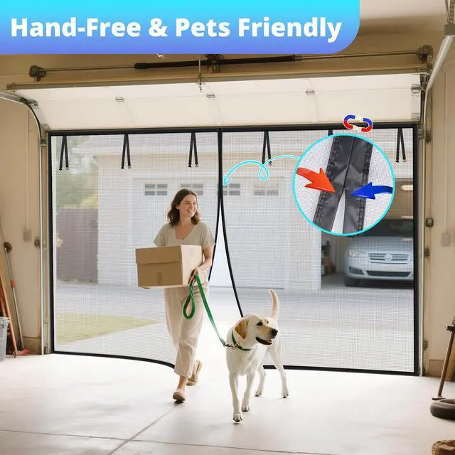 Alt view image 4 of 6 - Garage Door Screen 16x7FT, Magnetic Screen Door with Retractable Fiberglass Mesh and Heavy Duty Weighted Bottom, Easy Assembly&Pass, Hands Free w/ 40 Magnets for 2 Car Garage/Patio/Small Shop