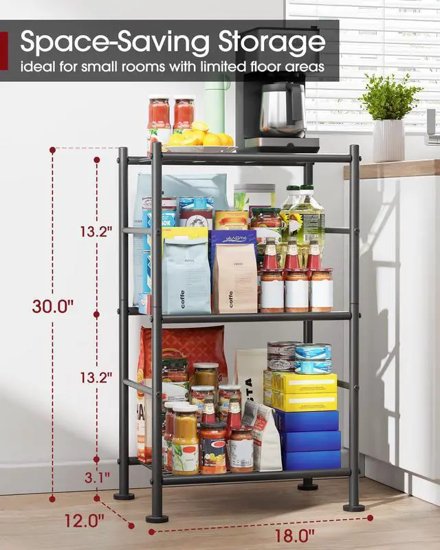 Alt view image 2 of 6 - Storage Shelves - 3 Tier Shelf Organizer, Sturdy Metal Garage Shelving with Adjustable Leveling Feet, Space-Saving Shelves Organizer for Pantry, Laundry, Kitchen (18" x 12" x 30", Black)
