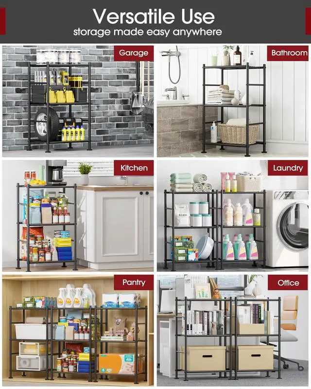 Alt view image 3 of 6 - Storage Shelves - 3 Tier Shelf Organizer, Sturdy Metal Garage Shelving with Adjustable Leveling Feet, Space-Saving Shelves Organizer for Pantry, Laundry, Kitchen (18" x 12" x 30", Black)