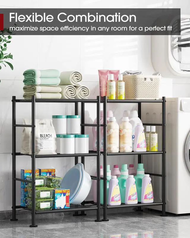Alt view image 5 of 6 - Storage Shelves - 3 Tier Shelf Organizer, Sturdy Metal Garage Shelving with Adjustable Leveling Feet, Space-Saving Shelves Organizer for Pantry, Laundry, Kitchen (18" x 12" x 30", Black)