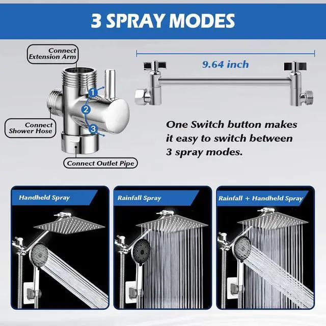 Alt view image 3 of 6 - Shower Head,8Rain Shower Head with Handheld Spray Combo with 11'' Angle Adjustable Extension Arm/Flow Regulator/Shower System,High Pressure Rainfall Shower Head Bathroom,Chrome