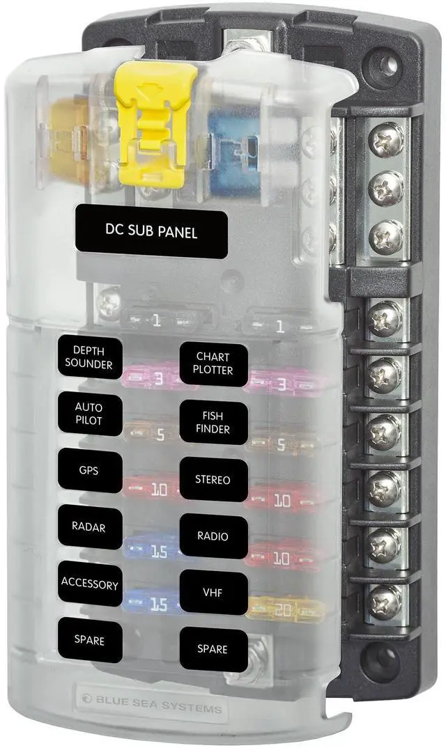 Main image of ST Blade Fuse Block 12 Circuit with Ground and Cover, 100 Amps, 5026 | Tin-plated copper buses resist corrosion, clear cover with spare fuse storage, up to 30A per ATO or ATC fused branch