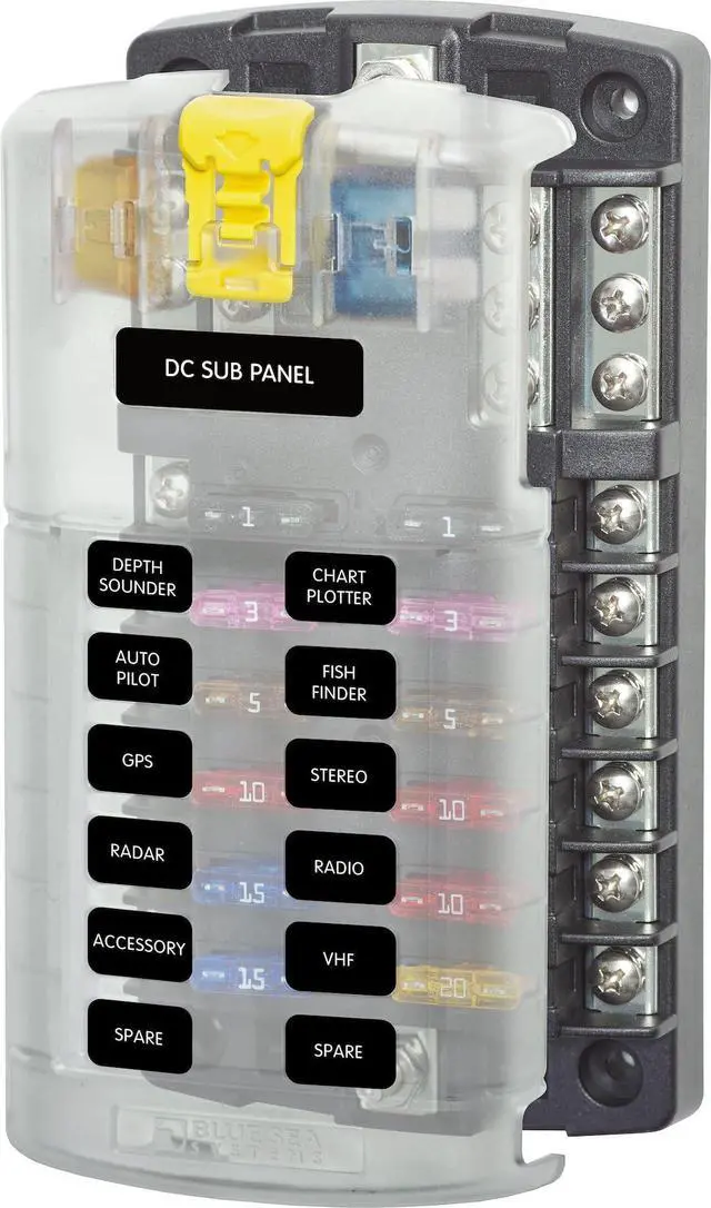 Alt view image 4 of 6 - ST Blade Fuse Block 12 Circuit with Ground and Cover, 100 Amps, 5026 | Tin-plated copper buses resist corrosion, clear cover with spare fuse storage, up to 30A per ATO or ATC fused branch