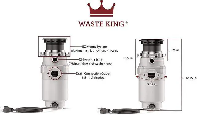 Alt view image 3 of 6 - Garbage Disposal for Kitchen Sink with Power Cord, Compact Food Waste Disposer, L-111
