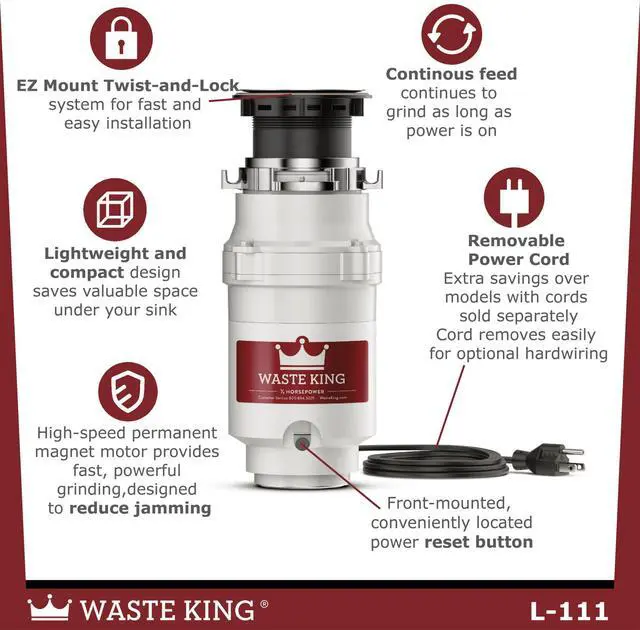Alt view image 4 of 6 - Garbage Disposal for Kitchen Sink with Power Cord, Compact Food Waste Disposer, L-111