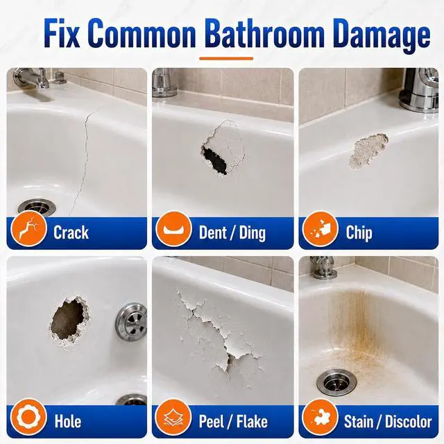 Alt view image 2 of 6 - Tub Repair Kit White, Bathtub Repair Kit for Enamel, Fiberglass, Acrylic | For Chips, Cracks, Scratches, Holes & Rust on Porcelain, Patch & Repairs Cast Iron Tubs, Toilet, Sink, Shower Pan in Bathroom