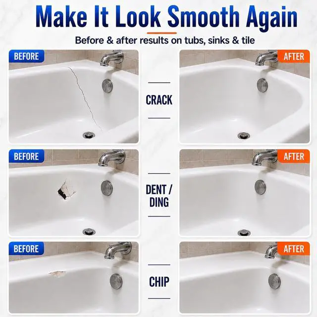 Alt view image 3 of 6 - Tub Repair Kit White, Bathtub Repair Kit for Enamel, Fiberglass, Acrylic | For Chips, Cracks, Scratches, Holes & Rust on Porcelain, Patch & Repairs Cast Iron Tubs, Toilet, Sink, Shower Pan in Bathroom