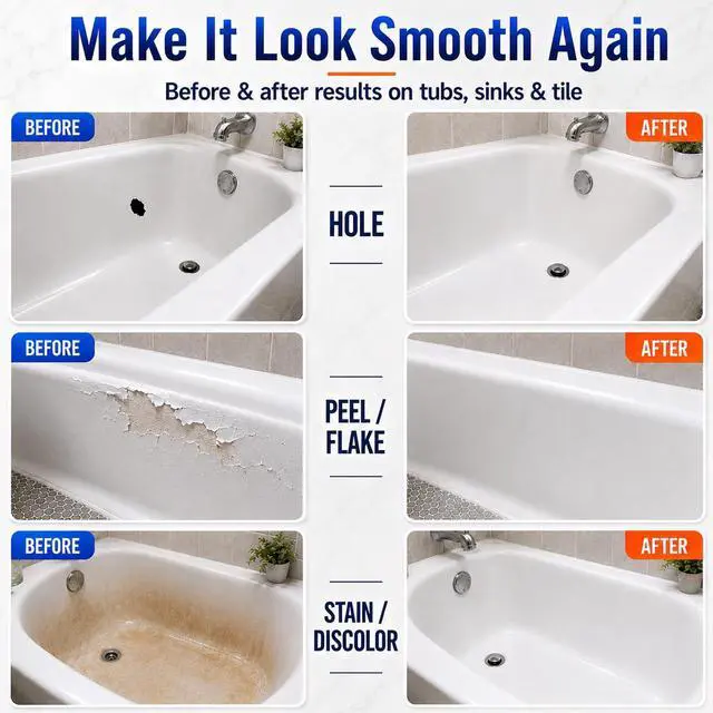 Alt view image 4 of 6 - Tub Repair Kit White, Bathtub Repair Kit for Enamel, Fiberglass, Acrylic | For Chips, Cracks, Scratches, Holes & Rust on Porcelain, Patch & Repairs Cast Iron Tubs, Toilet, Sink, Shower Pan in Bathroom