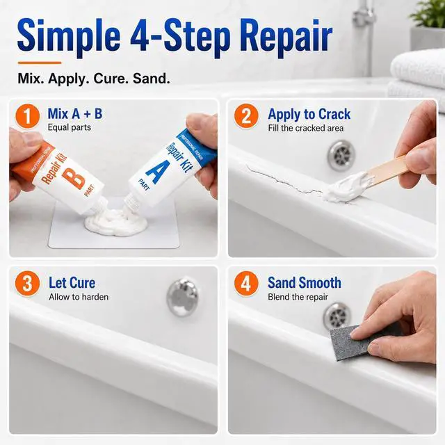 Alt view image 5 of 6 - Tub Repair Kit White, Bathtub Repair Kit for Enamel, Fiberglass, Acrylic | For Chips, Cracks, Scratches, Holes & Rust on Porcelain, Patch & Repairs Cast Iron Tubs, Toilet, Sink, Shower Pan in Bathroom