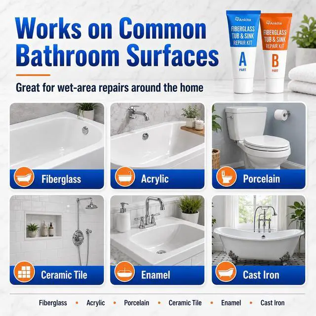 Alt view image 6 of 6 - Tub Repair Kit White, Bathtub Repair Kit for Enamel, Fiberglass, Acrylic | For Chips, Cracks, Scratches, Holes & Rust on Porcelain, Patch & Repairs Cast Iron Tubs, Toilet, Sink, Shower Pan in Bathroom