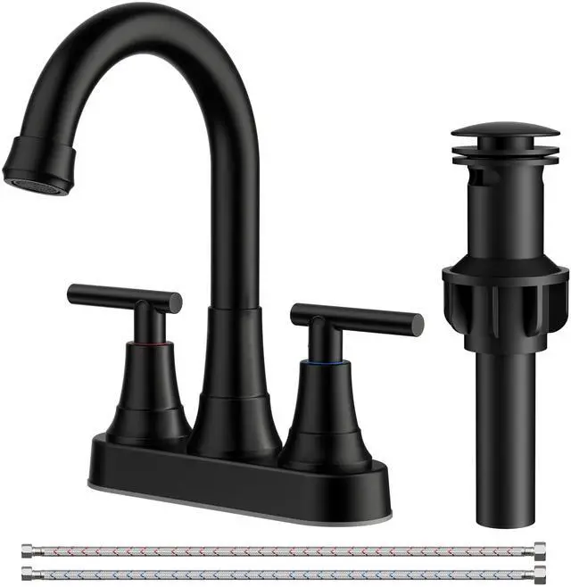 Main image of Matte Black Bathroom Faucets, 4 Inch Centerset Bathroom Sink Faucet | Rv Black Faucet for Bathroom Sink 2 or 3 Hole, Two Handle Vanity Faucet Centerset with Drain, Hose, 360° Spout for Restroom