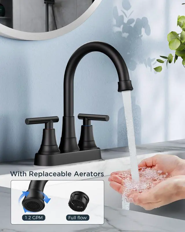 Alt view image 2 of 6 - Matte Black Bathroom Faucets, 4 Inch Centerset Bathroom Sink Faucet | Rv Black Faucet for Bathroom Sink 2 or 3 Hole, Two Handle Vanity Faucet Centerset with Drain, Hose, 360° Spout for Restroom