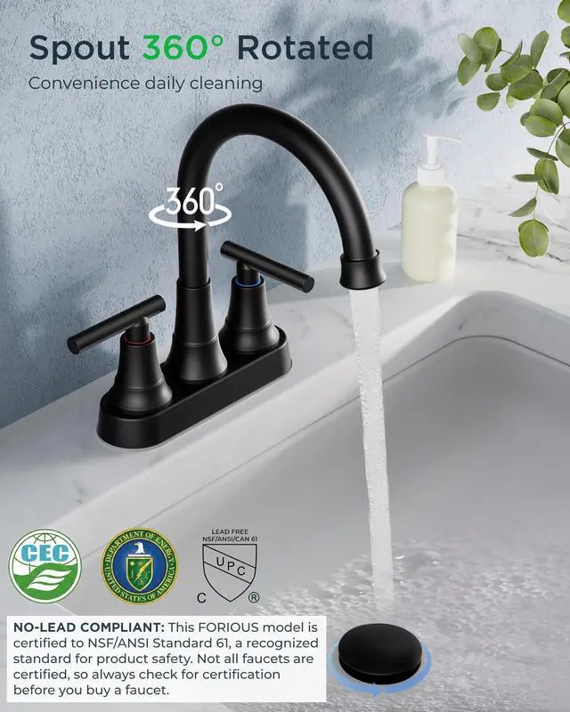 Alt view image 4 of 6 - Matte Black Bathroom Faucets, 4 Inch Centerset Bathroom Sink Faucet | Rv Black Faucet for Bathroom Sink 2 or 3 Hole, Two Handle Vanity Faucet Centerset with Drain, Hose, 360° Spout for Restroom