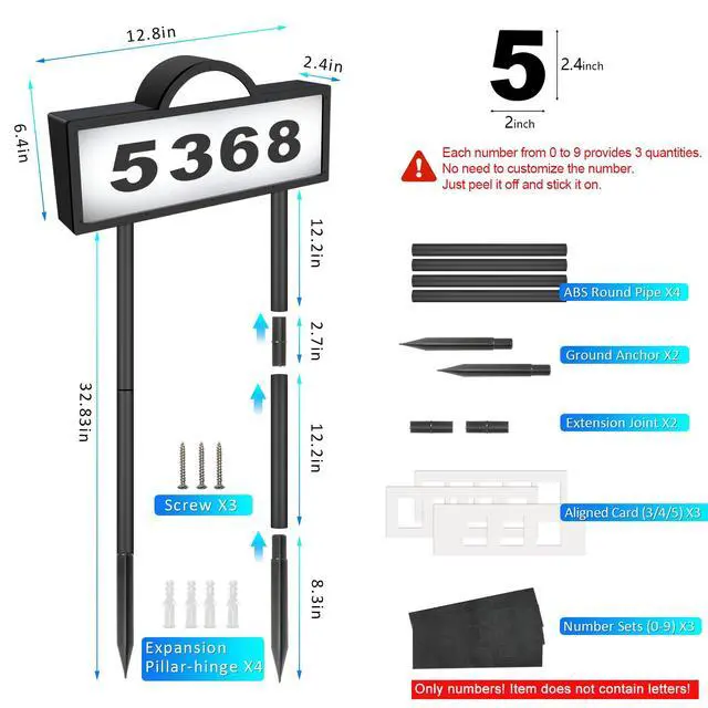 Alt view image 2 of 6 - Solar Address Signs for Yard, Solar Powered Address Sign with Warm White & Cold White, IP65 Waterproof Solar House Numbers for Outside, LED Illuminated Plaques Wall Mounted & In Ground