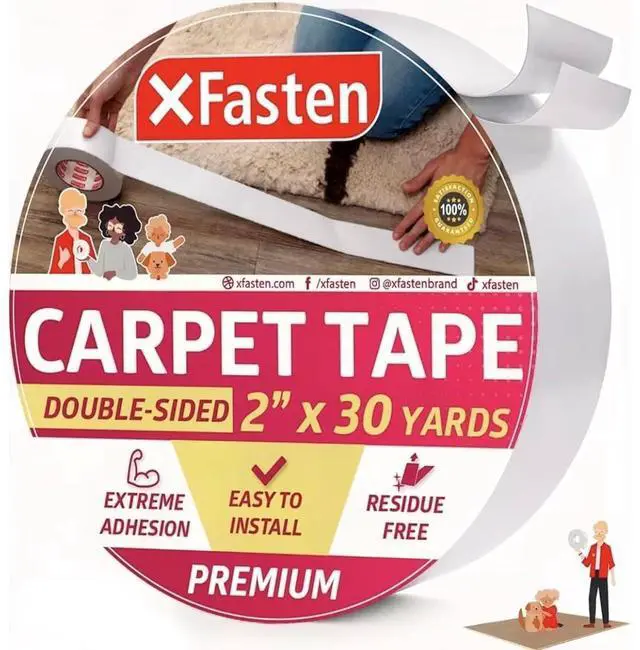 Main image of Double-Sided Carpet Tape for Area Rugs, 2 Inch x 30 Yards (90 Ft), Heavy Duty Grippy Residue-Free Silicone Adhesive Keeps Rugs in Place on Hardwood, Laminate and Tile Floors