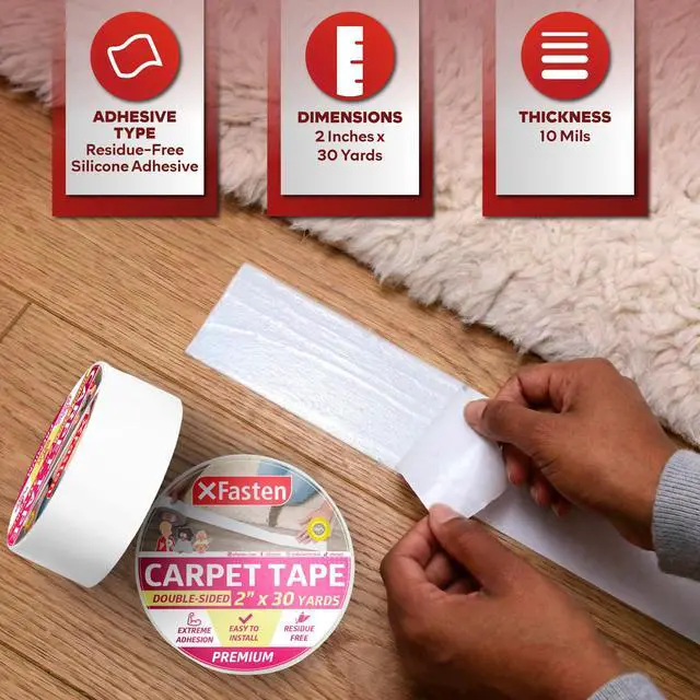 Alt view image 4 of 6 - Double-Sided Carpet Tape for Area Rugs, 2 Inch x 30 Yards (90 Ft), Heavy Duty Grippy Residue-Free Silicone Adhesive Keeps Rugs in Place on Hardwood, Laminate and Tile Floors