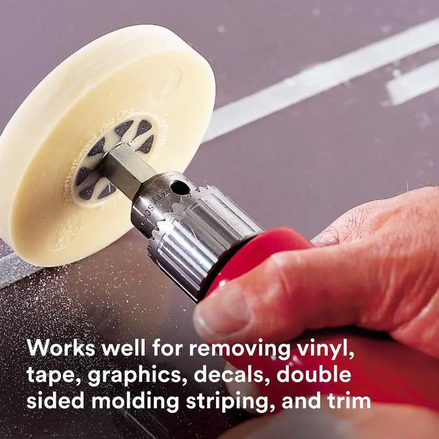 Alt view image 4 of 6 - Stripe Off Wheel Adhesive Remover Eraser Wheel Removes Decals, Stripes, Vinyl, Tapes and Graphics 4 diameter x 5/8 thick 3/8-16 threaded mandrel 07498 Pack of 1