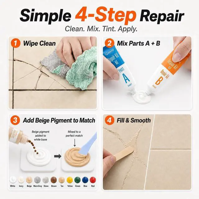 Alt view image 5 of 6 - Tile Repair Kit (Color Match), Ceramic & Porcelain Epoxy Putty for Floor | For Chips, Cracks, Holes, Scratches on Porcelain & Ceramic Wall/Floor Tile, Super Bond Ceramic Tile Paste Filler