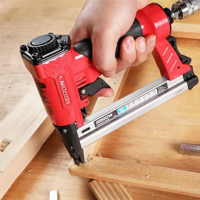 Alt view image 4 of 6 - Arrow Pneumatic Staple Gun, Air Stapler with 3750 Pieces T50 Staples | Oil-Free Upholstery Stapler with T50 1/4", 3/8", 1/2" Staples, Adjustable Exhaust, for Woodworking, Professional, DIY, PT50