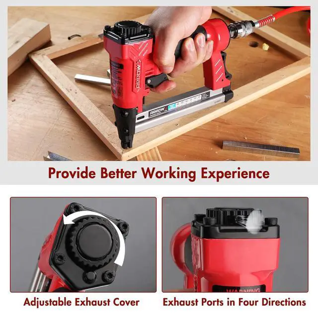 Alt view image 5 of 6 - Arrow Pneumatic Staple Gun, Air Stapler with 3750 Pieces T50 Staples | Oil-Free Upholstery Stapler with T50 1/4", 3/8", 1/2" Staples, Adjustable Exhaust, for Woodworking, Professional, DIY, PT50