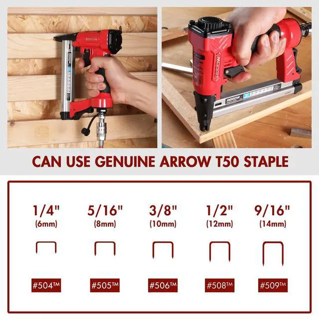Alt view image 6 of 6 - Arrow Pneumatic Staple Gun, Air Stapler with 3750 Pieces T50 Staples | Oil-Free Upholstery Stapler with T50 1/4", 3/8", 1/2" Staples, Adjustable Exhaust, for Woodworking, Professional, DIY, PT50