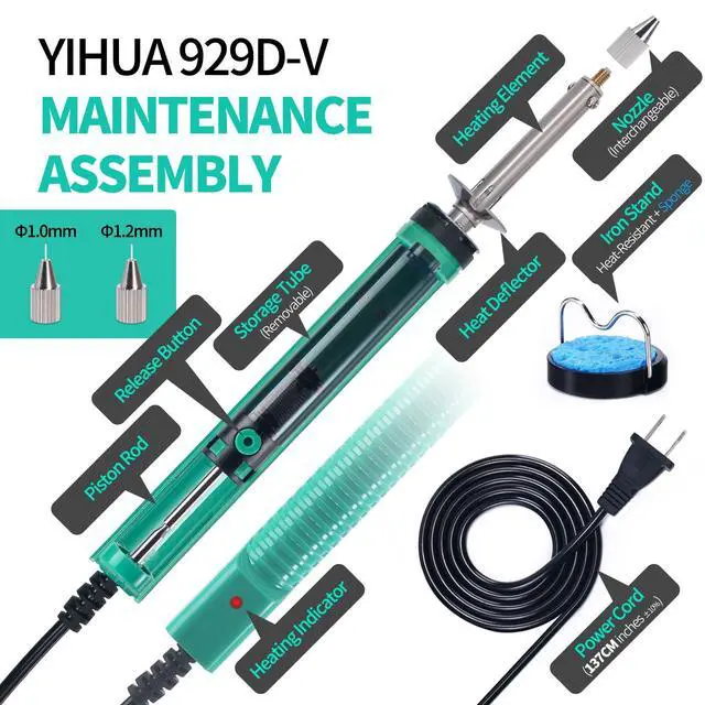 Alt view image 5 of 6 - 929D-V Electric Desoldering Soldering Iron Solder Sucker Desoldering Pump with Shorter Charging Handle and Desoldering Nozzles 1.0mm 1.2mm for Through-Hole Desoldering