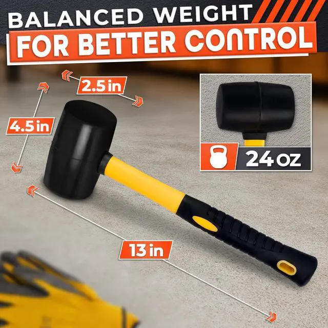 Alt view image 2 of 6 - 24 oz Rubber Mallet Hammer, Ergonomic Non-Slip Grip, 13 Inch (Black) | Anti-Vibration Soft Face Head for Woodworking, Flooring, Tiling, Landscaping, Camping Stakes, Furniture Assembly, and Repairs