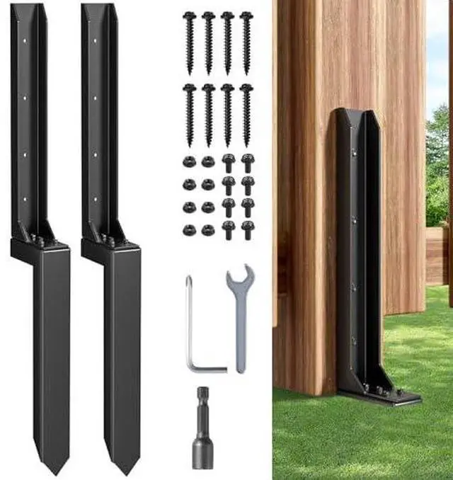 Alt view image 2 of 6 - Fence Post Repair Kit (Separation 16.9+17.9",2 pcs) | Heavy Duty Steel Fence Post Anchor Ground Spike ,Quick Fix Broken/Leaning Wood Posts with,and Fixed Fence Posts