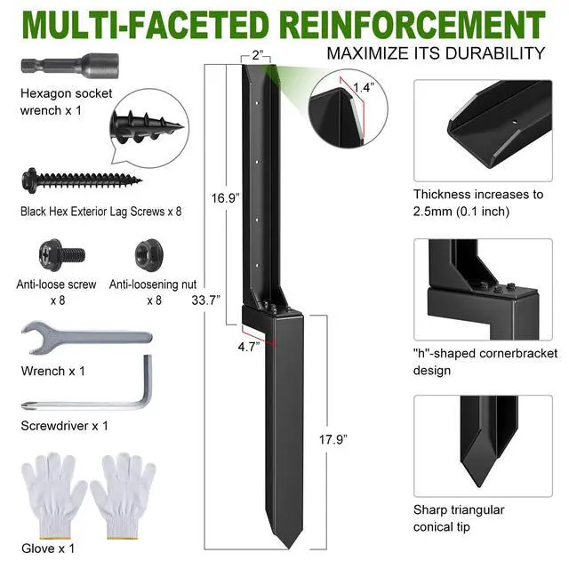Alt view image 3 of 6 - Fence Post Repair Kit (Separation 16.9+17.9",2 pcs) | Heavy Duty Steel Fence Post Anchor Ground Spike ,Quick Fix Broken/Leaning Wood Posts with,and Fixed Fence Posts