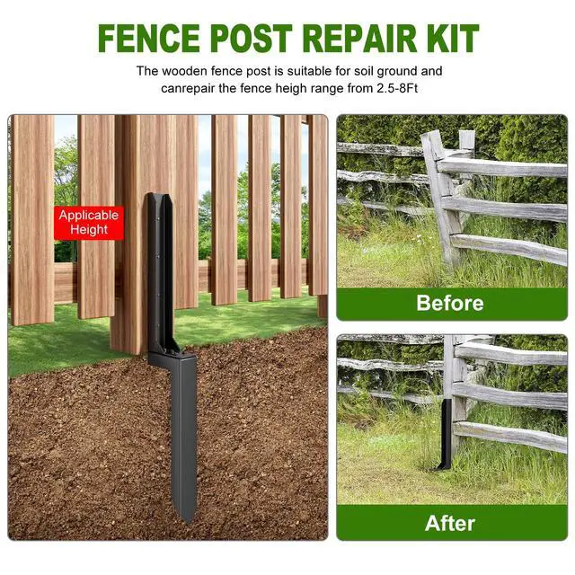 Alt view image 4 of 6 - Fence Post Repair Kit (Separation 16.9+17.9",2 pcs) | Heavy Duty Steel Fence Post Anchor Ground Spike ,Quick Fix Broken/Leaning Wood Posts with,and Fixed Fence Posts