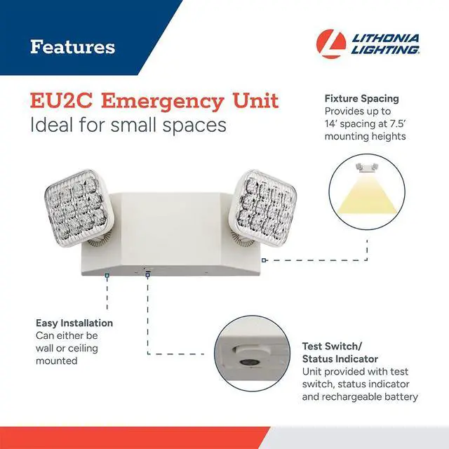 Alt view image 3 of 6 - Basics LED Emergency Light, Adjustable Heads 120/277V 1Pk | 2 Aimable Heads, Wall Mount, Damp Rated, 90-Min Backup, Ideal for Stairways, Hallways, Egress Paths, White, 1-Pack (EU2C M6)